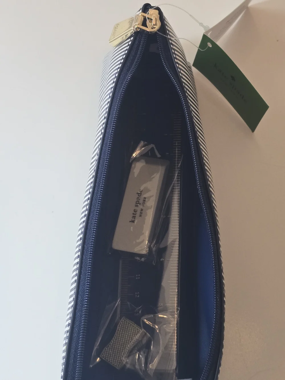 NWT Kate Spade Navy & White Striped Pencil Pouch w/ eraser, ruler & sharpener